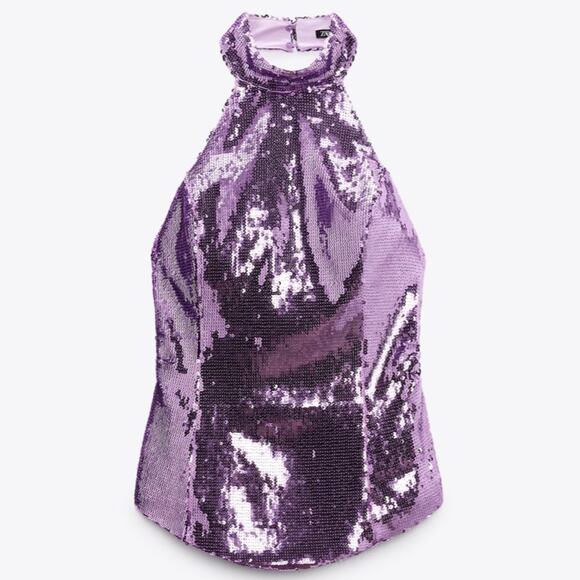 Zara Lilac Sequin Halter Top Size Small - Picture 1 of 5